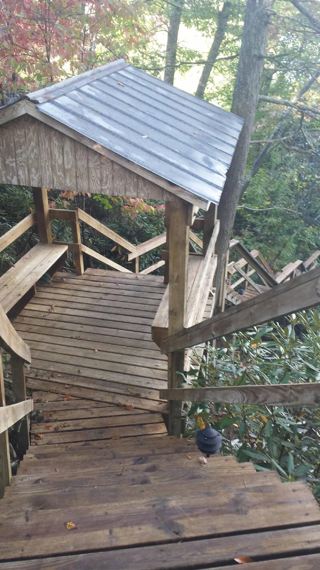 Metal roofed shelter over wooden steps on a wooded walkway — Skylight Repair & Installation work by our crew in Brainard